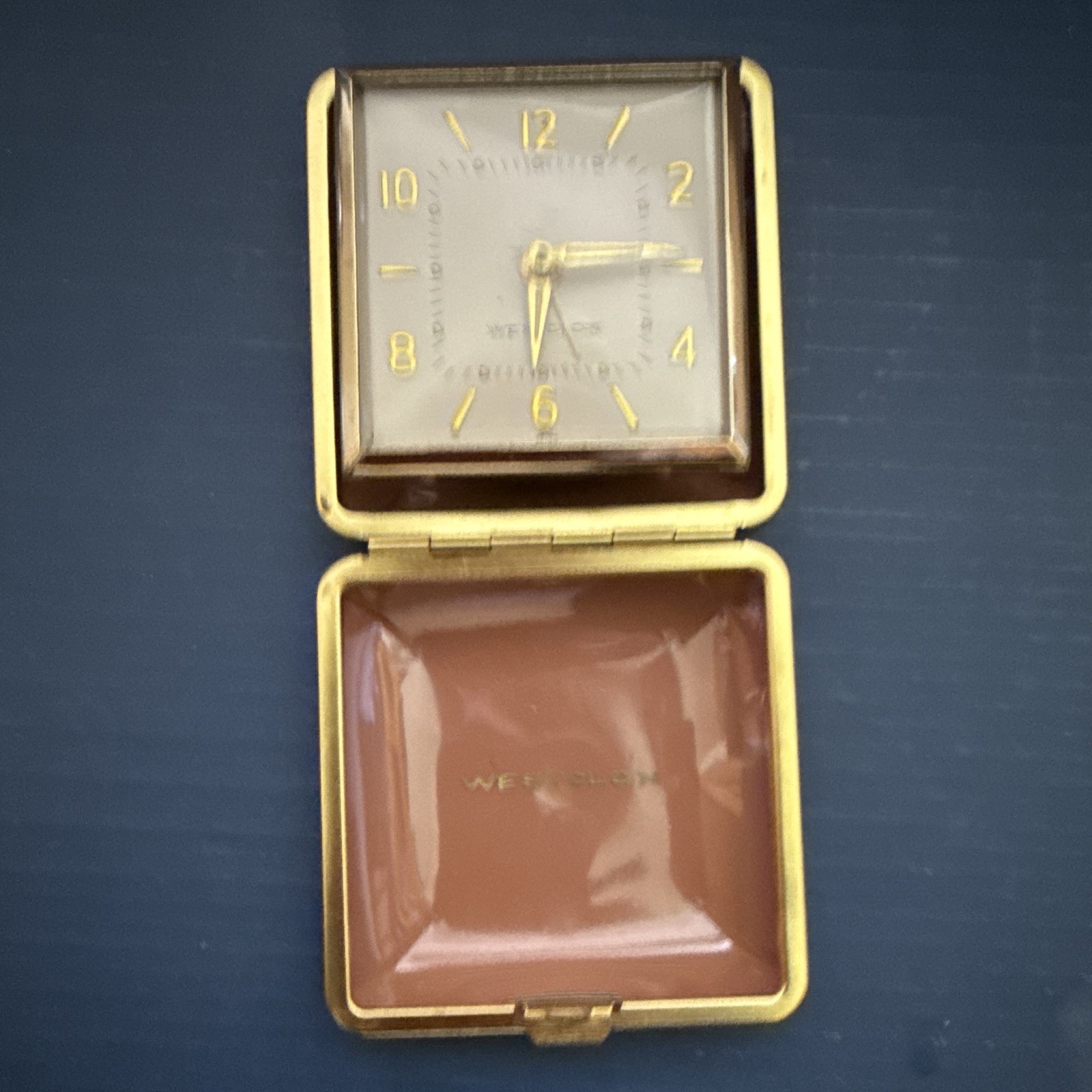 Westclox Folding Travel Alarm Clock Analog Square Brown/Gold Arabic Numerals