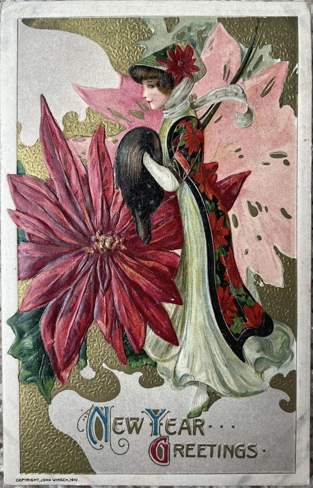 New Year Postcard Brunette Beauty Poinsettias Hat & Dress~Samuel Schmucker art