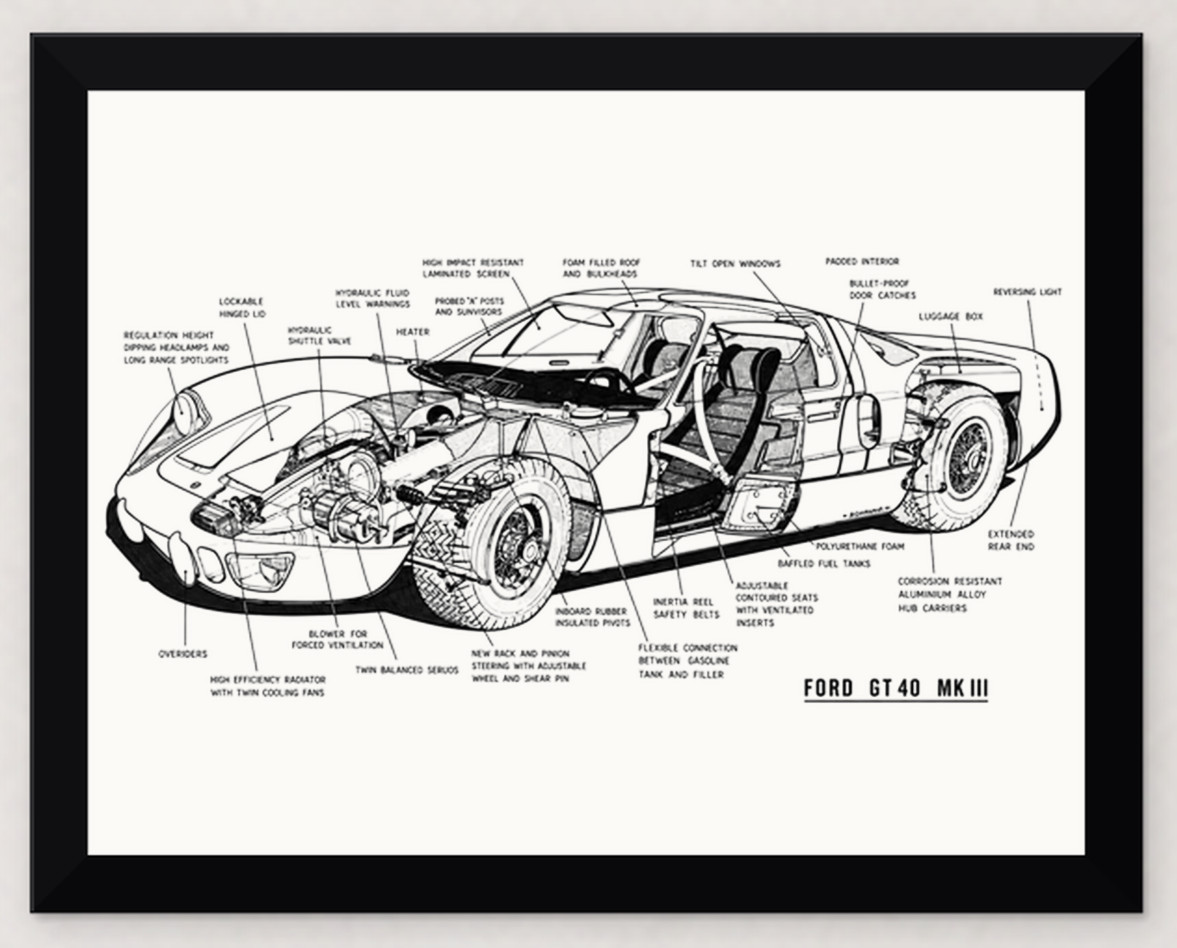 12X9.5 FRAMED FORD GT40 MKIII TECHNICAL ILLUSTRATION PHOTO REPRODUCTION PRINT