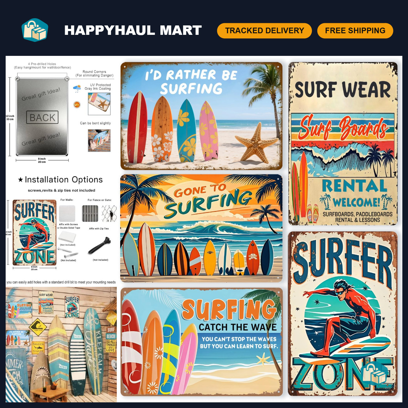Vintage Metal Tin Signs Set of 5, Beach Surfboard Wall Art, Tropical Ocean Decor