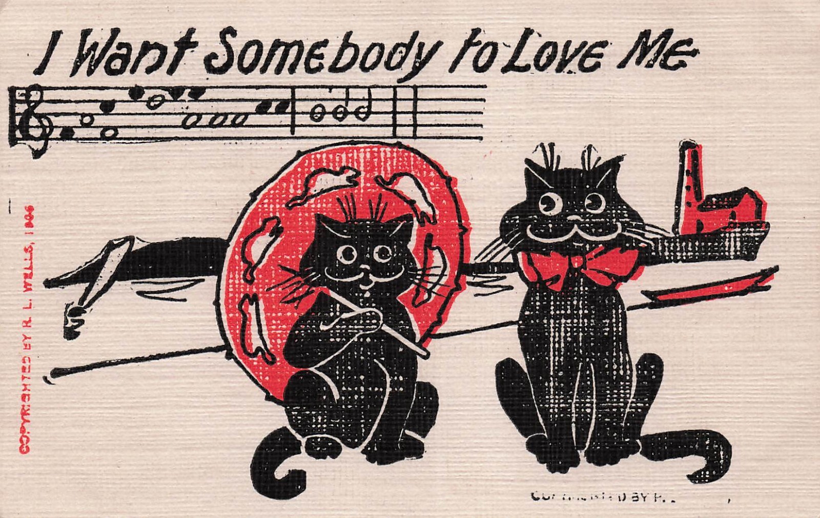Antique Halloween Black Cat Kitty Wells Musical Romance Love Vtg Postcard F36
