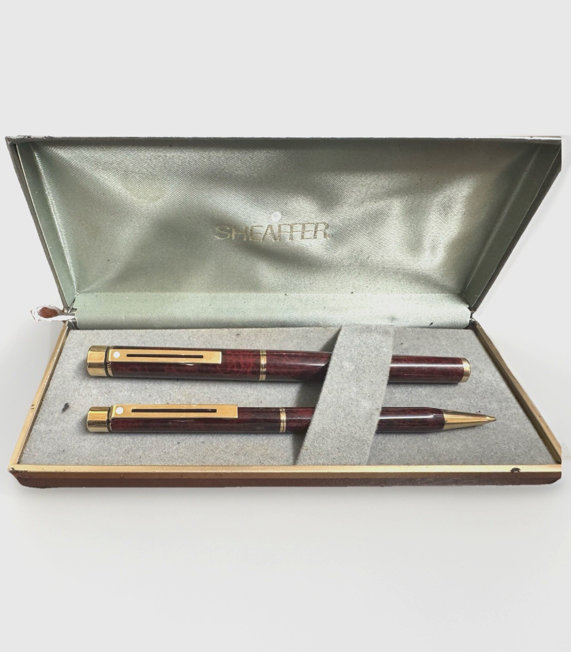Vintage 14K Sheaffer 1021 Brown & Gold Fountain and Ball Pen Set (Brand New)