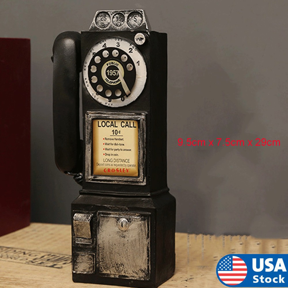 Retro Antique Wall-Mounted Pay Phone Model Vintage Booth Telephone Figurine -USA