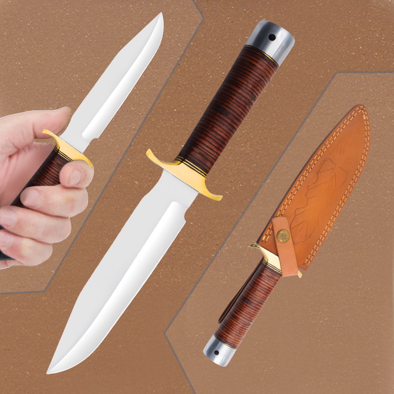 2xHandmade D2 Tool Steel Hunting Bowie Knife – Custom with Leather Sheath/BOP012