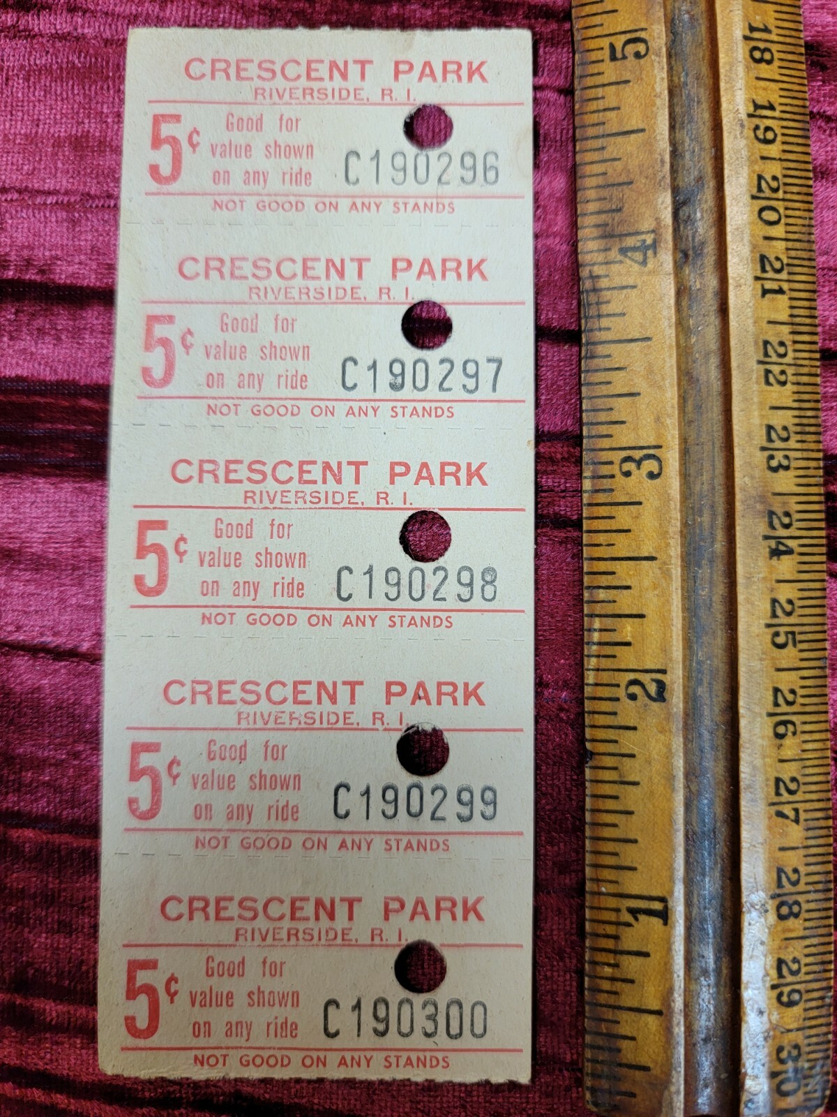 5X Vintage Antique Crescent Park Riverside RI AMUSEMENT PARK Tickets .05 CENT