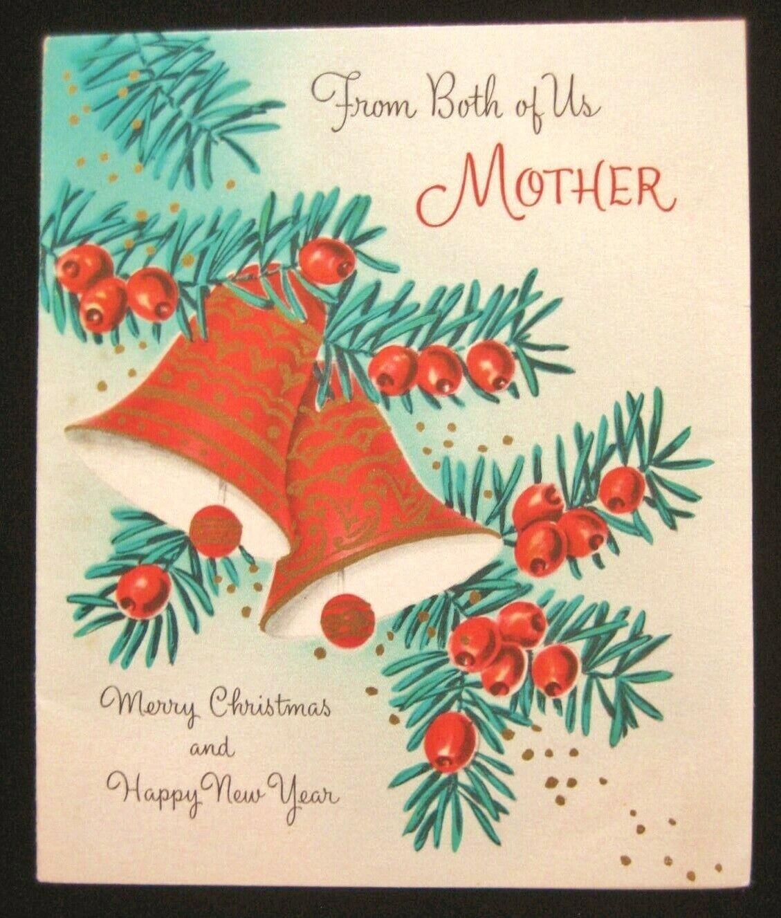 Vintage Christmas Greeting Card Red Bells w Evergreens & Berries Gilded Norcross