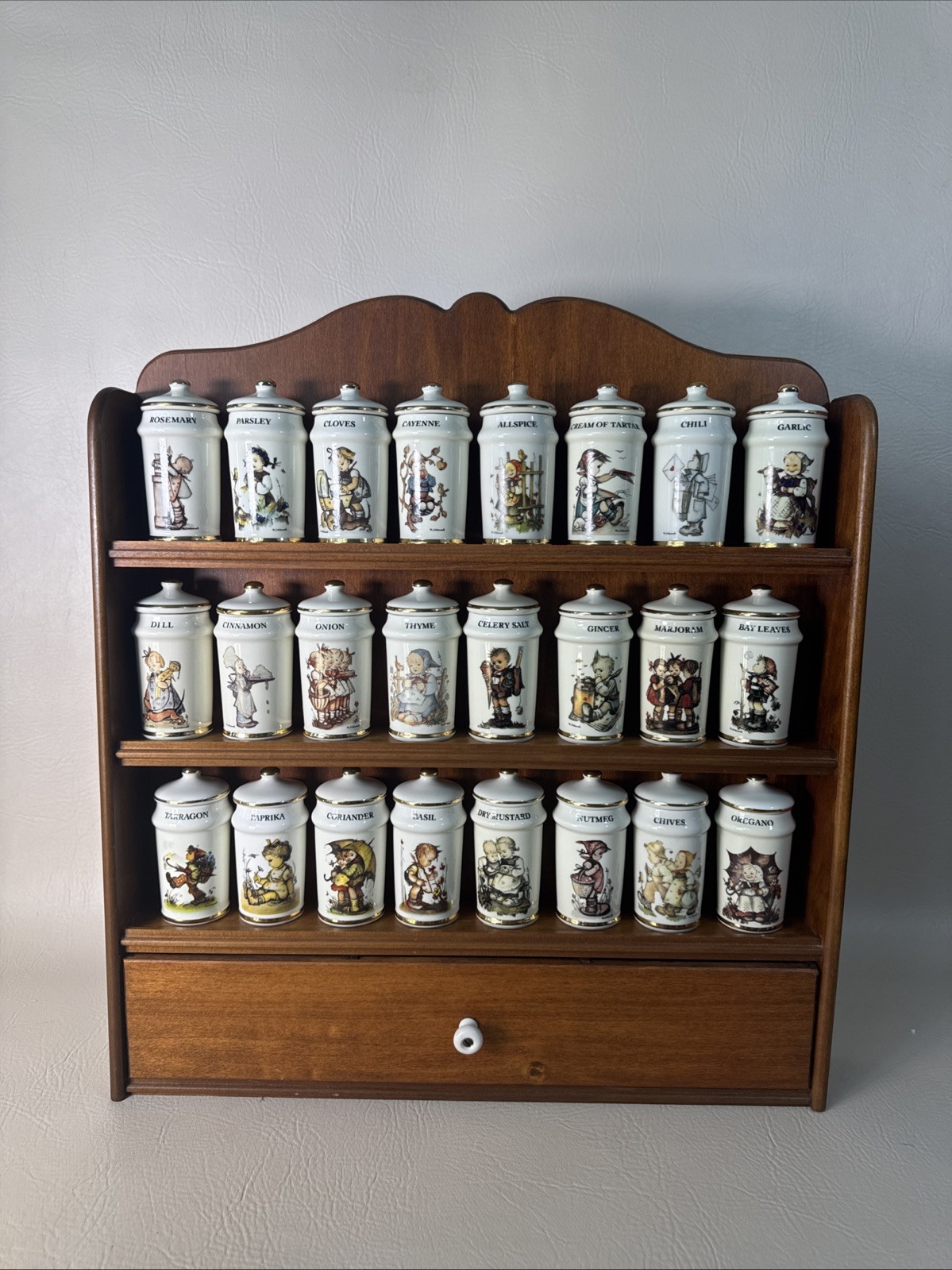 Cham, Switzerland 1987 Hummel Spice Jars With Wooden Wall Rack Lot Of 24