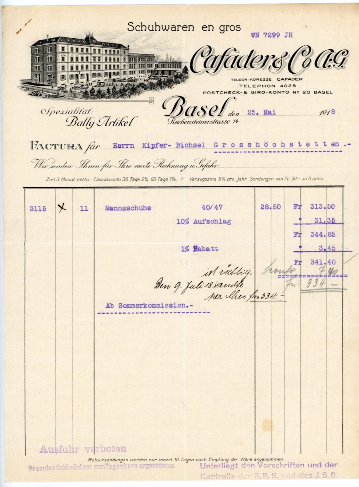1918 Switzerland Cafader & Co. Basel illust. Letterhead Bally Shoe Distributor