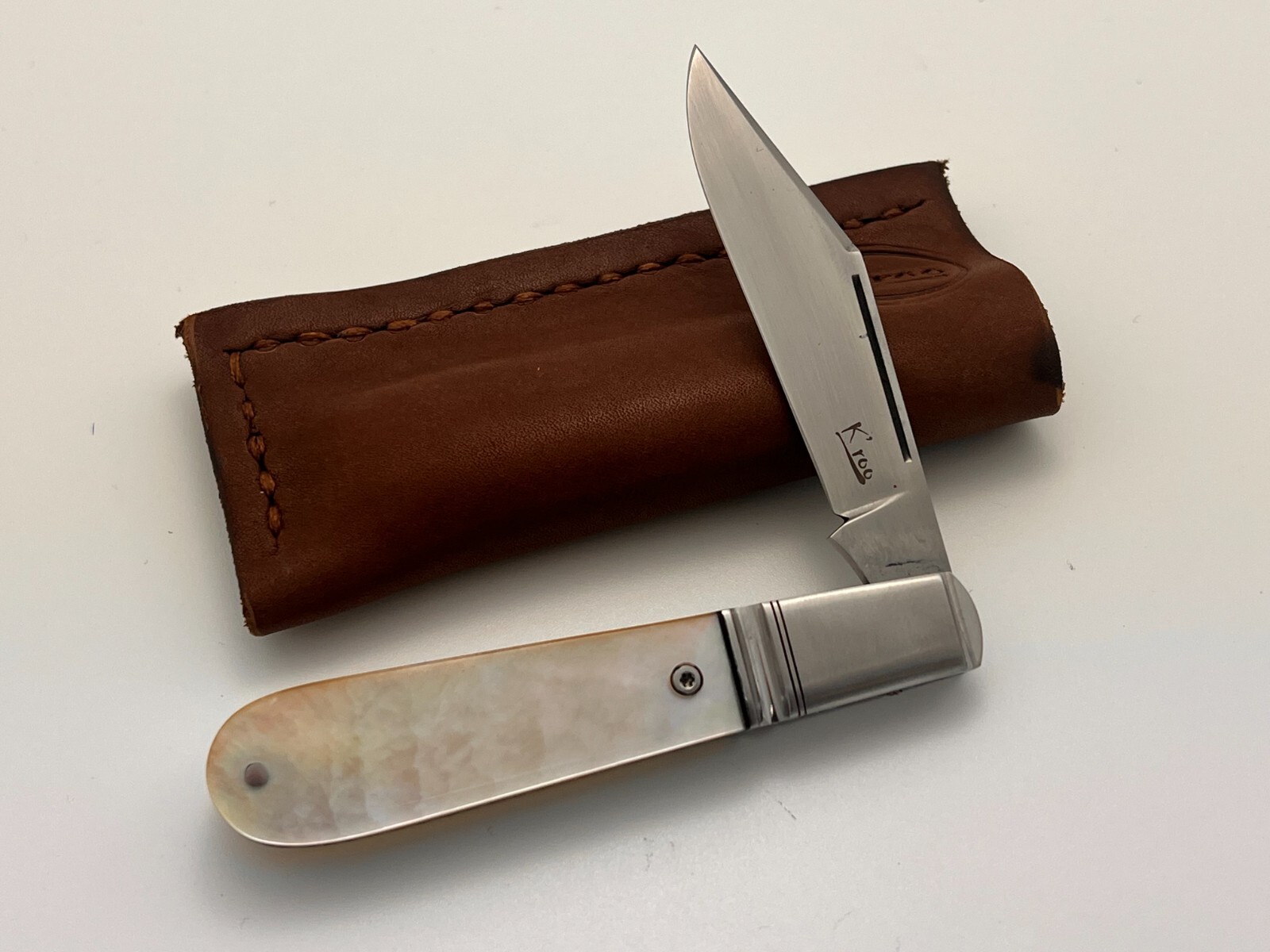 K'ROO CUSTOM GOLD LIP ALVS PEARL CLIP BARLOW RWL34 SLIP-JOINT KNIFE WITH SHEATH