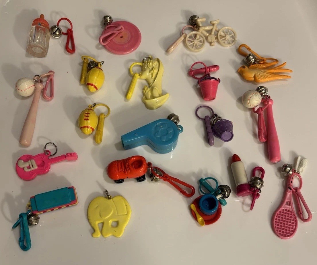 Vintage 1980s Plastic Clip On Bell Charms Lot of 19 Charm Necklace Retro