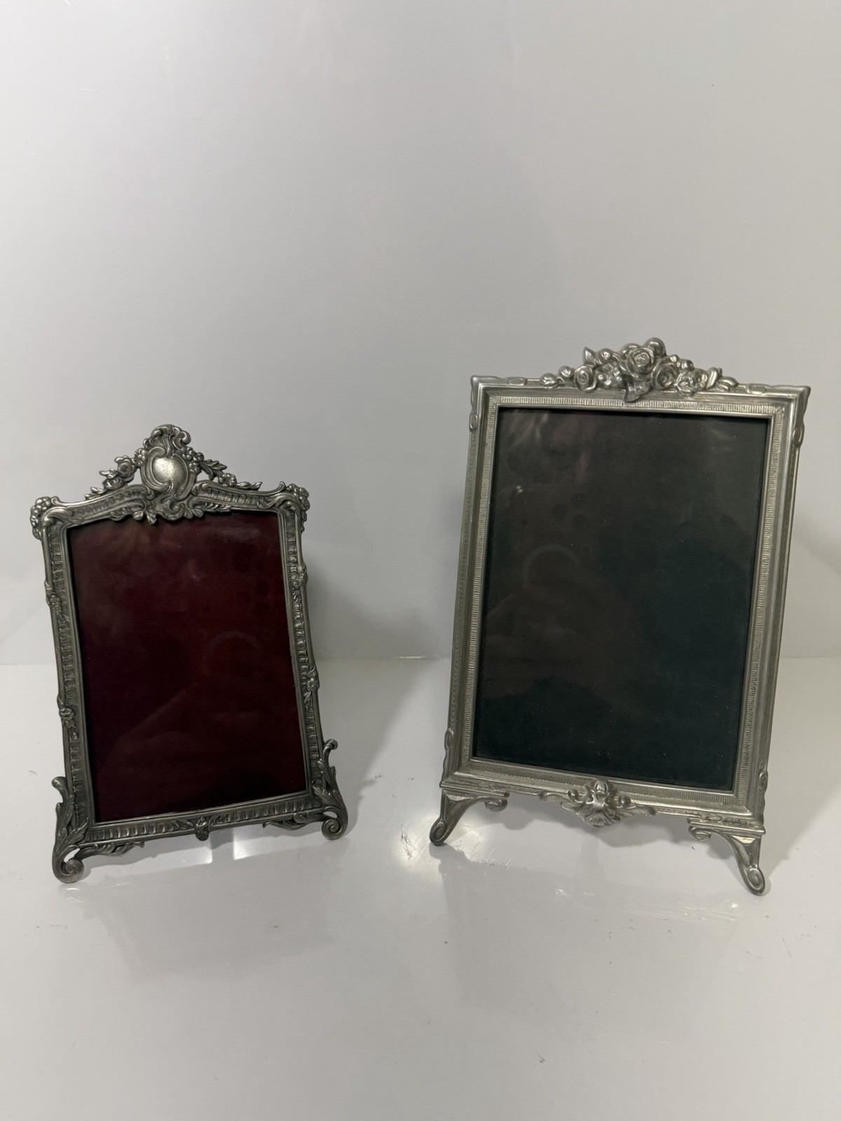 2 Vintage Tabletop Picture Frames Ornate Elias Fine Pewter & Baroque Silver Rose