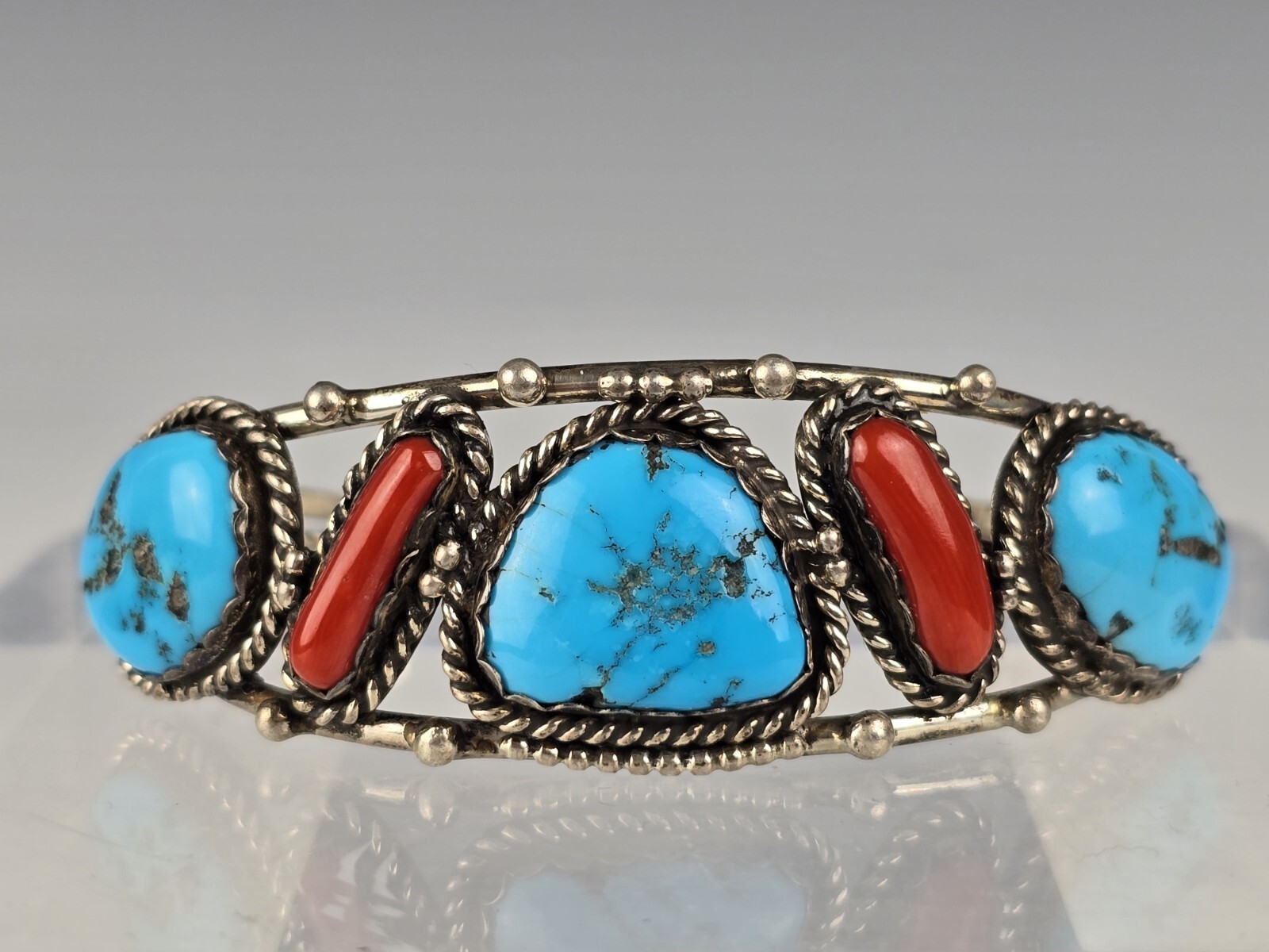 Vintage Navajo Turquoise Coral Sterling Silver Cuff Signed JW