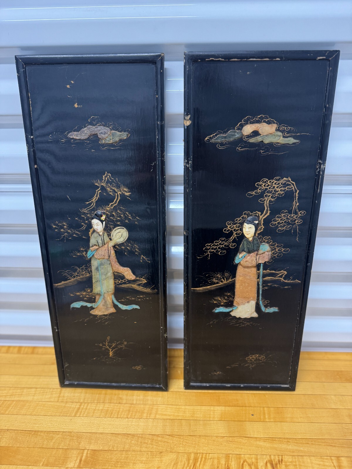 Pair Vintage Chinese Black Lacquer Wall Panels Gold Figures