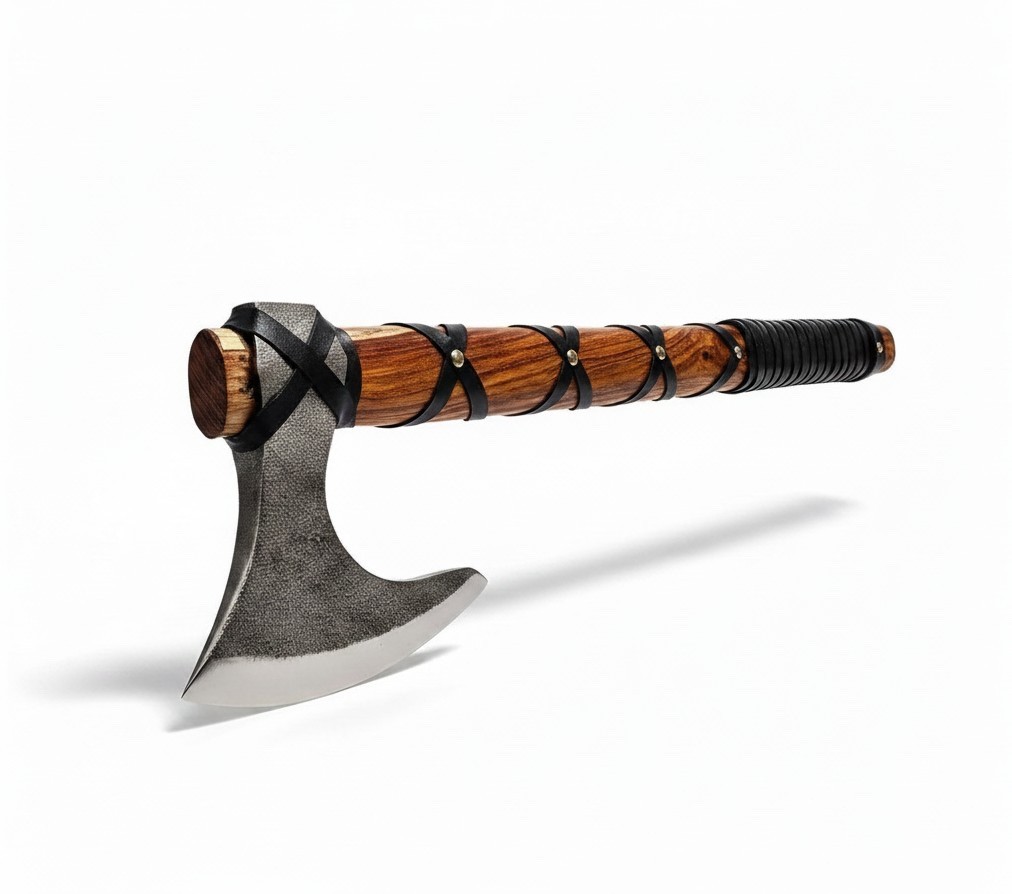 Custom Forged Viking  Axe, Damascus Steel Blade, Rose Wood leather wrap Handle.