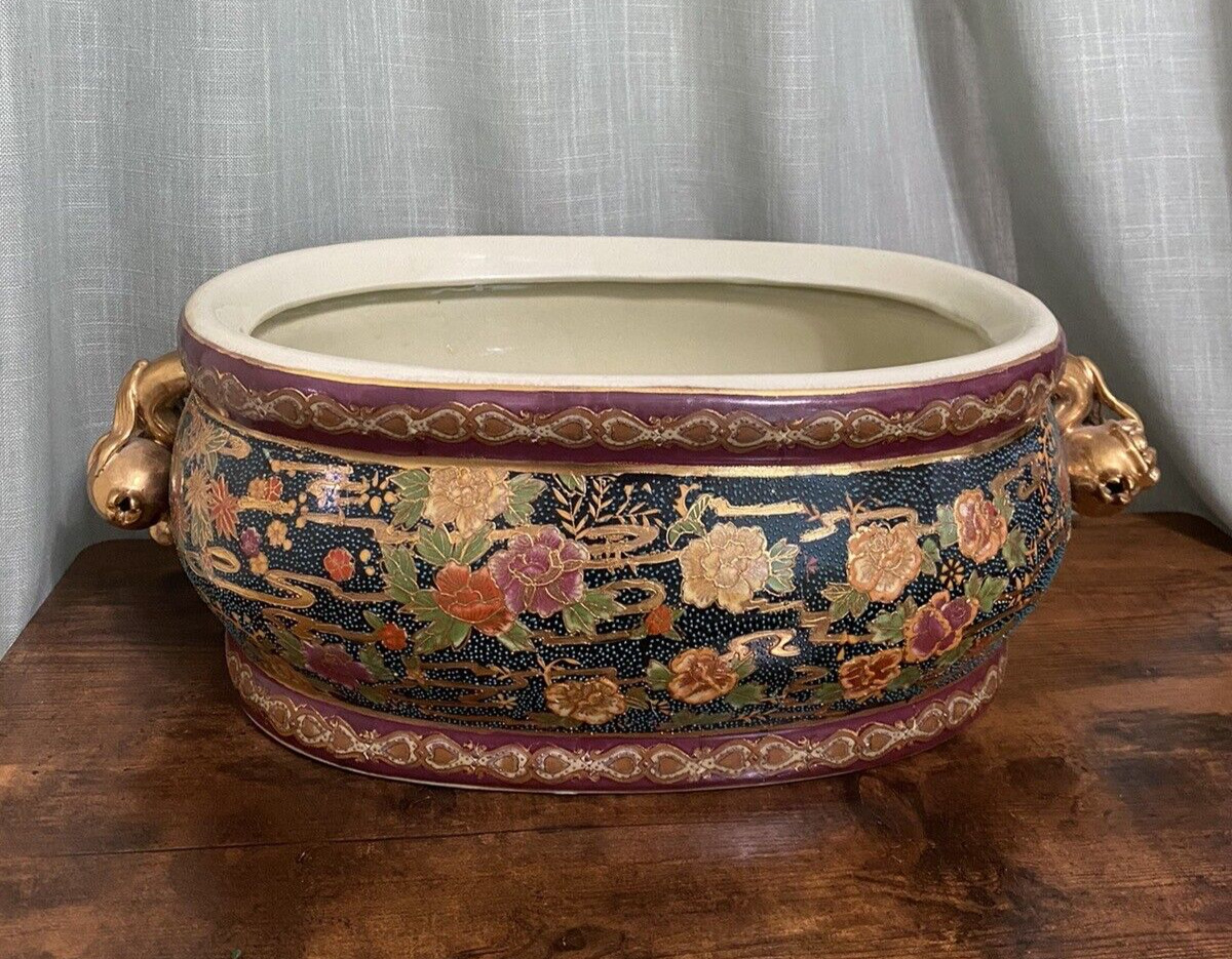 Vintage Chinese Porcelain Hand painted Foot Bath Floral w/ Ornate Bronze Handles