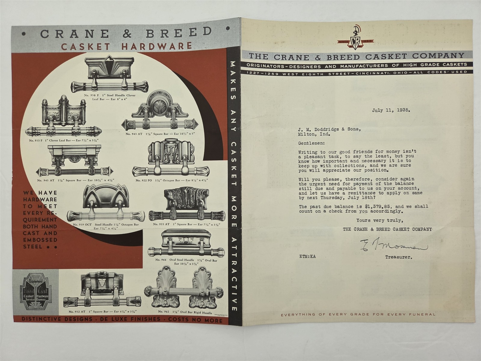 1935 antique CRANE & BREED CASKET Co cincinnati oh METAL CASKET MANUFACTURERS AD