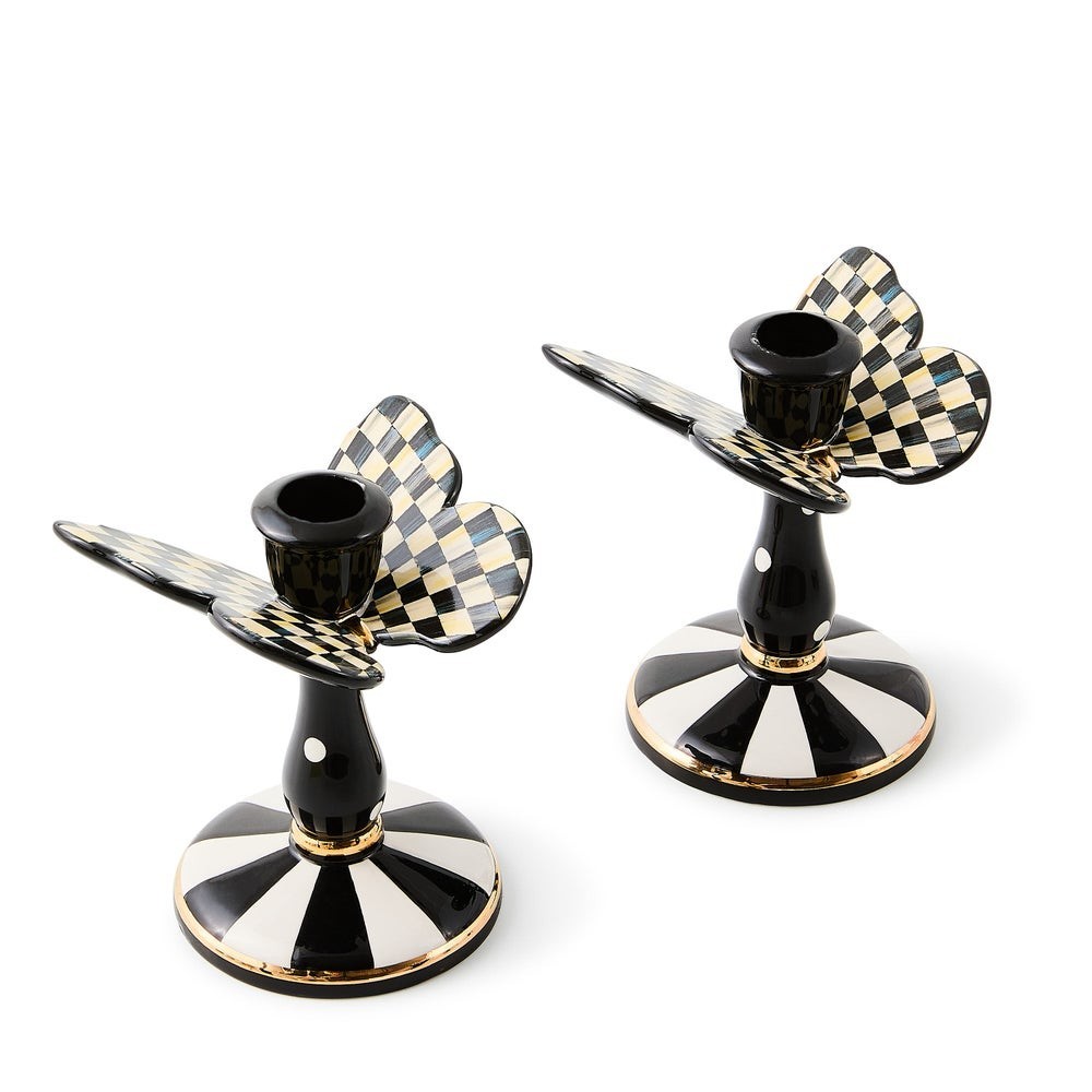 Brand New Mackenzie Childs Courtly Check Tall Butterfly Candlesticks, Set of 2