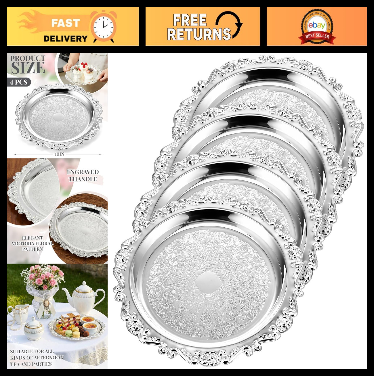 Set of 4 Vintage Floral Silver Serving Trays - 10 Inch Round Metal Platters