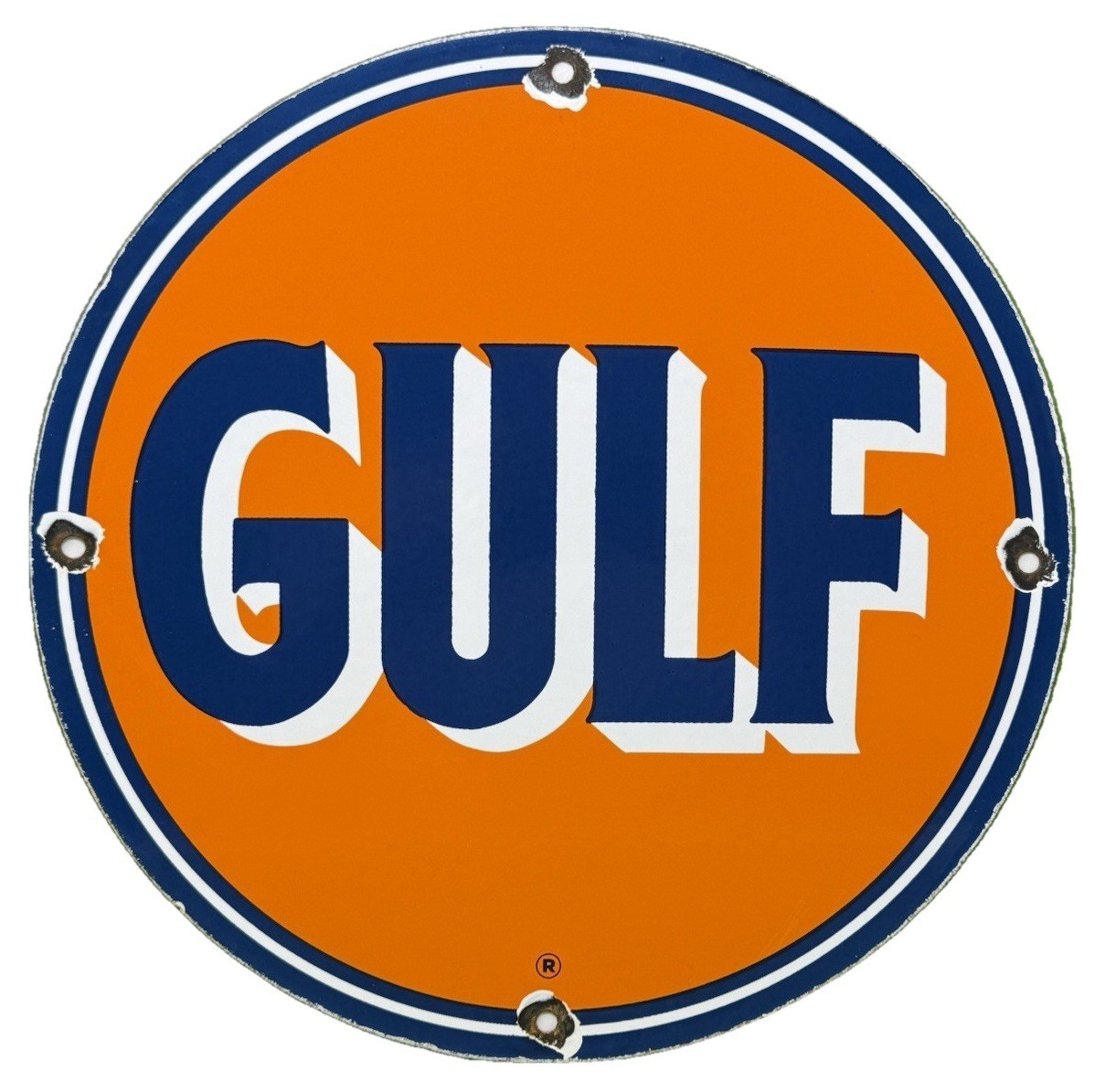 VINTAGE GULF PORCELAIN SIGN ORANGE BLUE GAS OIL SERVICE STATION PUMP PLATE