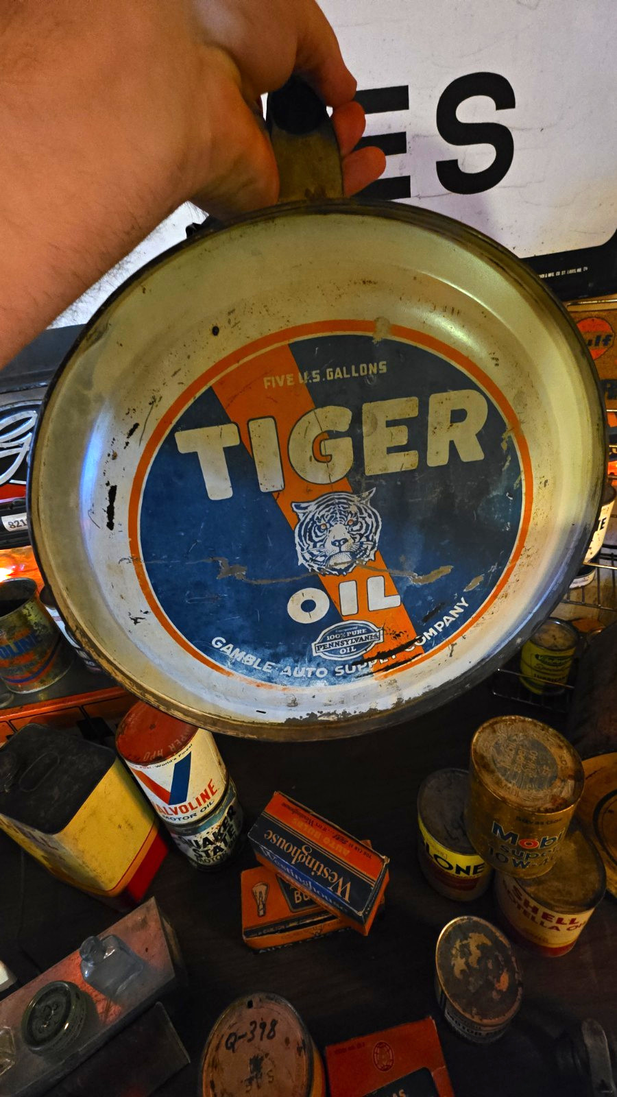 Vintage 1920s Tiger Oil 5-Gallon Rocker Can Gamble Auto Supply Petroliana
