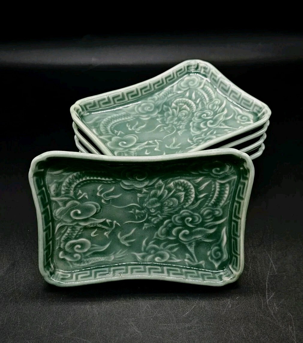 5 Vtg Japan Arita Ware Nabeshima Celadon Dragon Clouds Rectangular Plates 6¾x4¾\