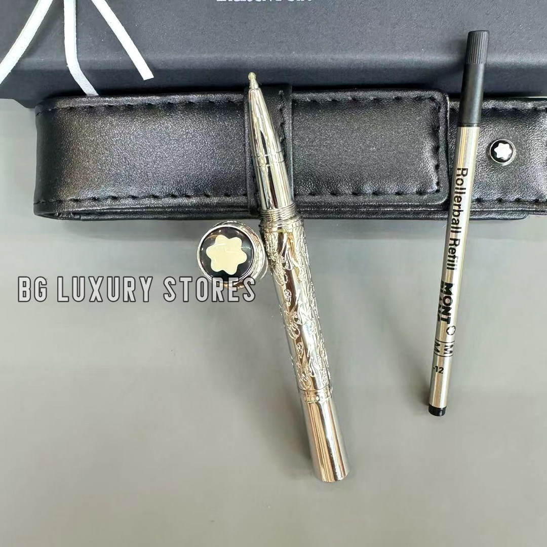 MONTBLANC Silver Dragon Engraved Rollerball Pen w/ Leather Pouch & Refill