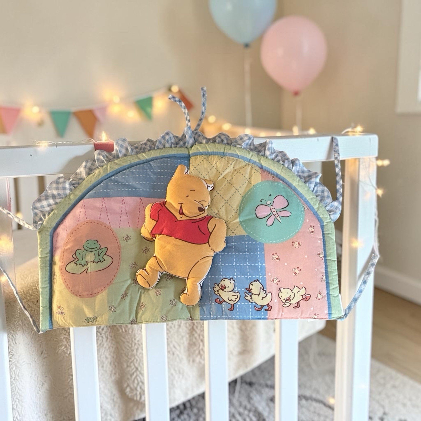 Vint Disney 3D Winnie Pooh Quilted Crib Headboard Pastel Patchwork Blue Gingham 