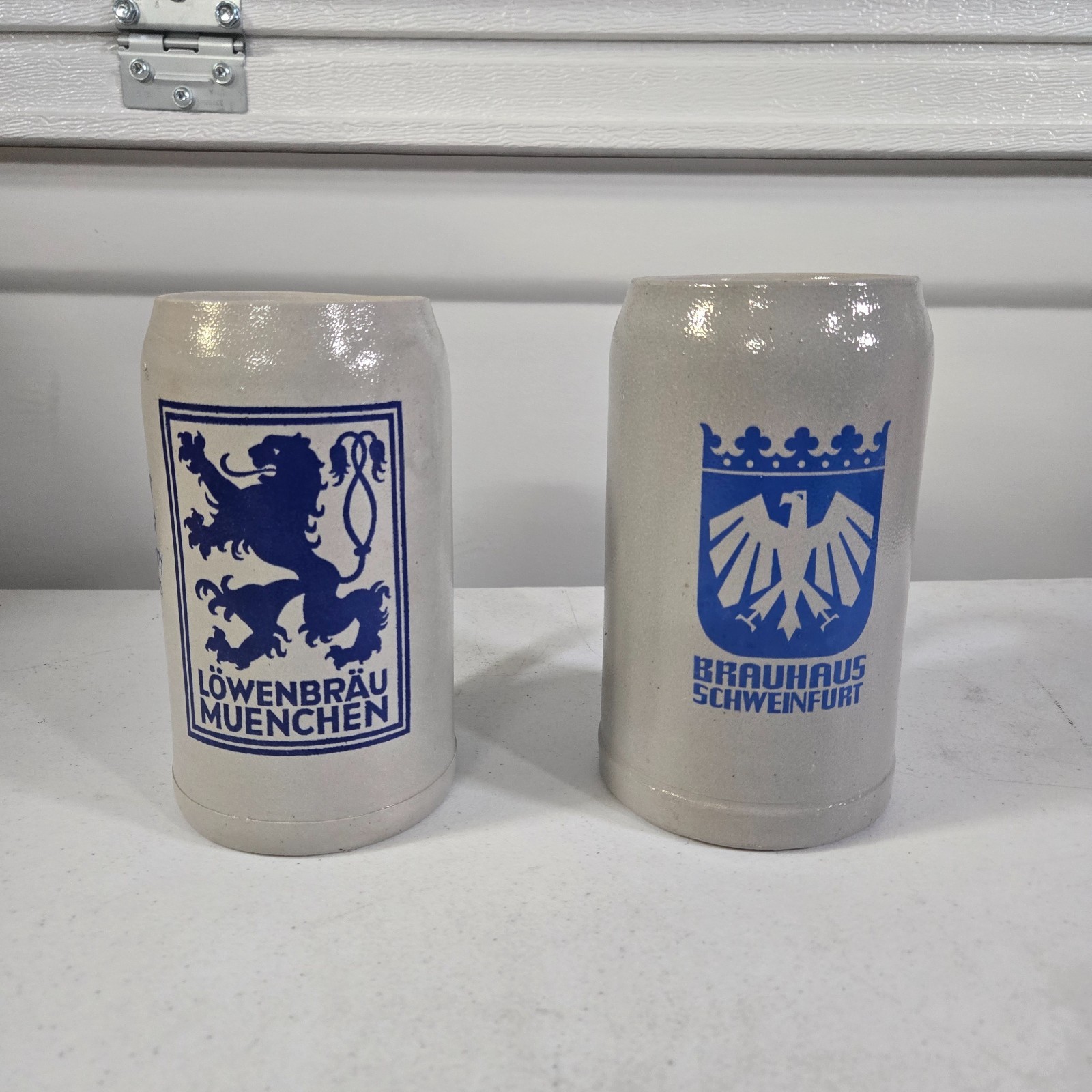 Vintage German Stoneware Beer Stein Lot of 2 Lowenbrau Brauhaus Schweinfurt 1L