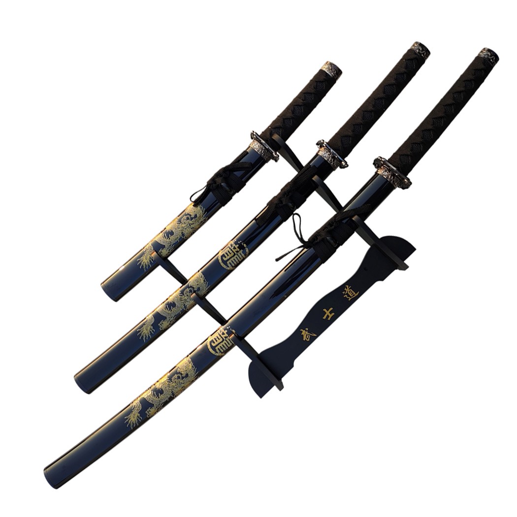 3Pc Black Katana & Gold Dragon Design Japanese Samurai Sword Set Ninja Style wi