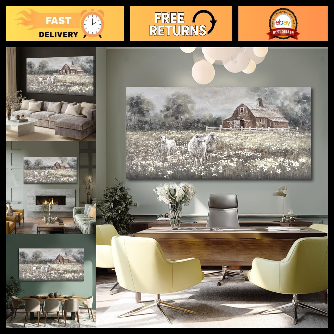 ZENPEE Sheep & Wildflower Farmhouse Wall Decor, Vintage Country Animal Landscape