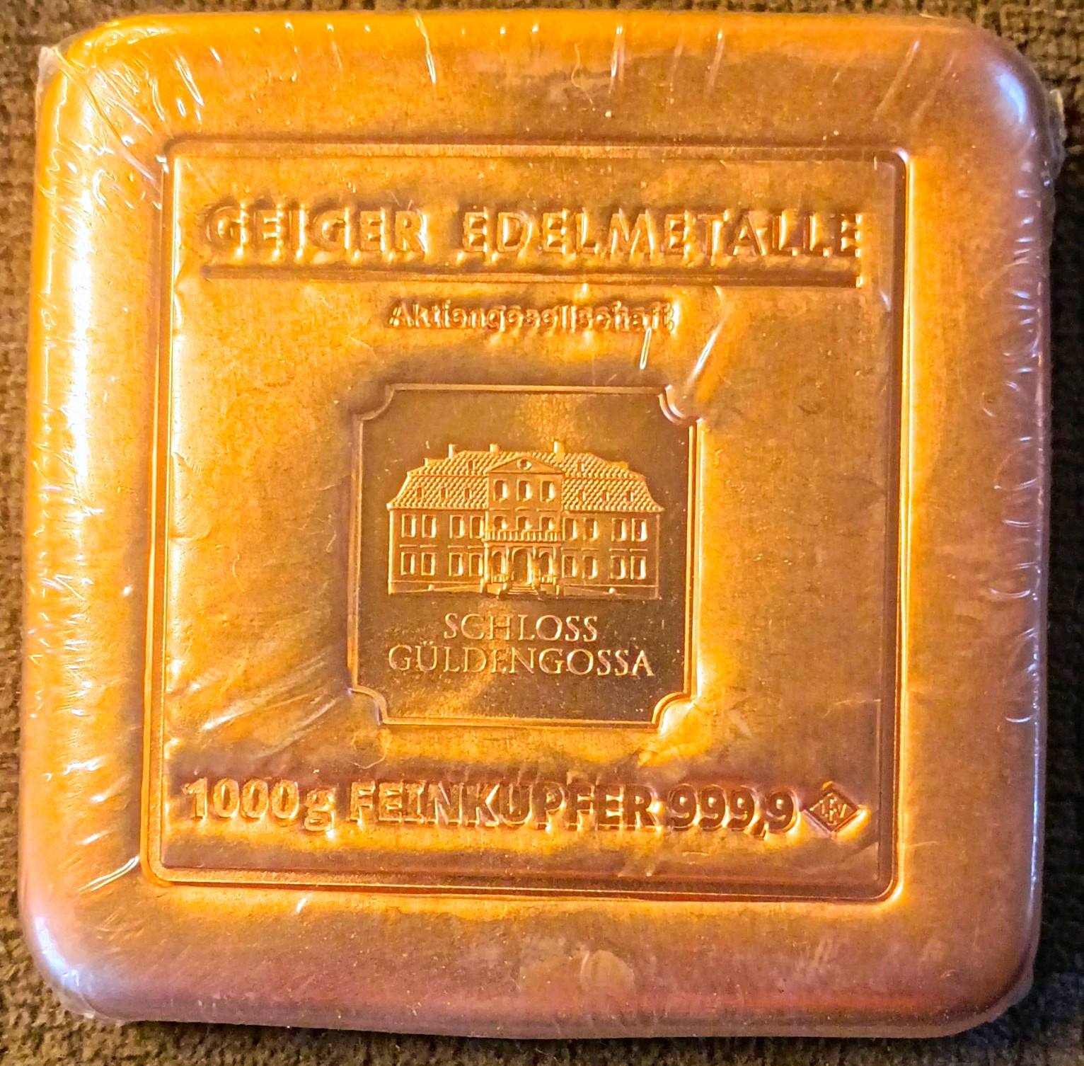 Geiger Edelmetalle 1000g .9999 Fine Copper Schloss Guldengossa Bar