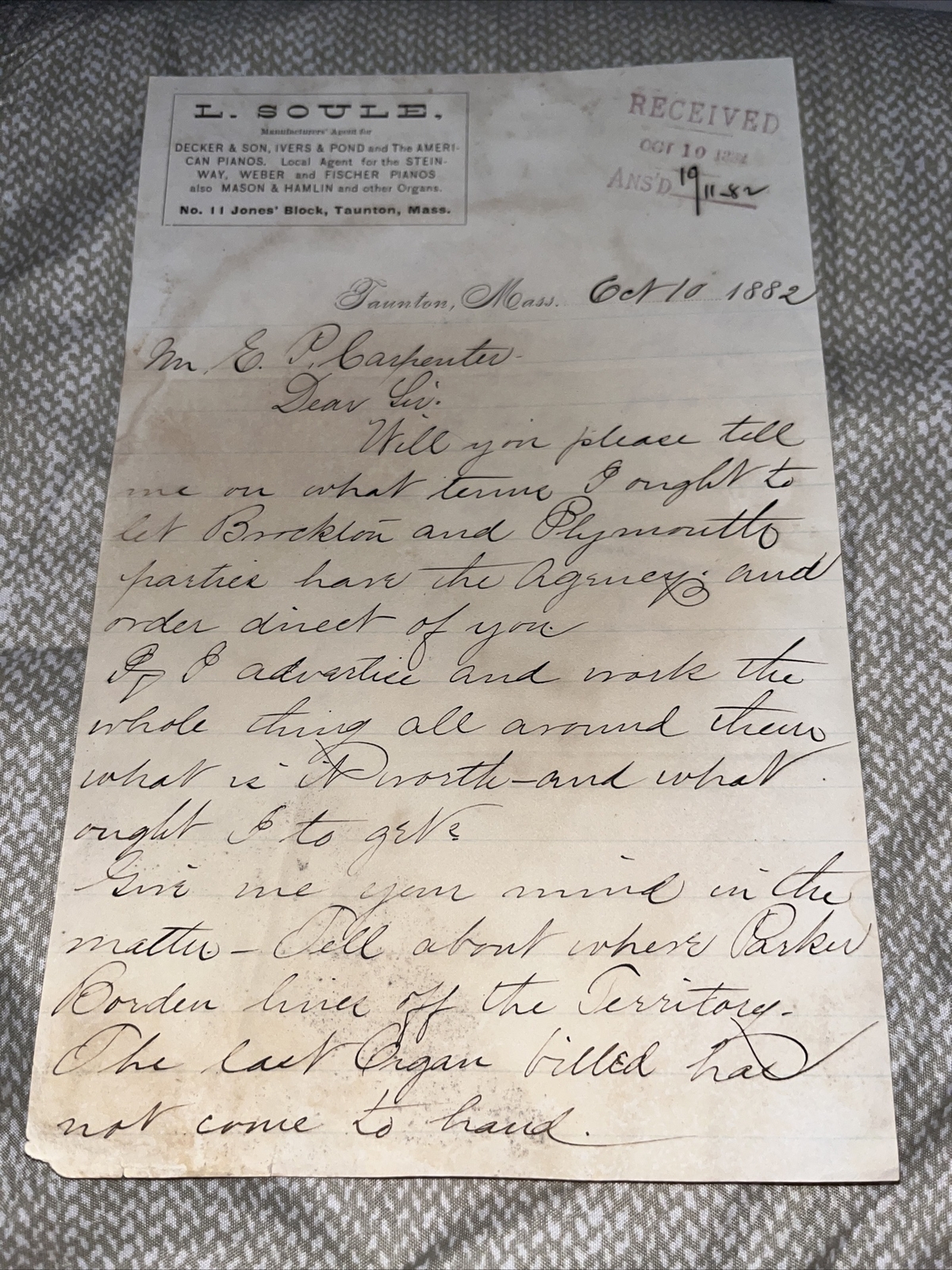 Antique 1882 Correspondence L Soule Piano Agent Steinway Decker & Son Taunton MA