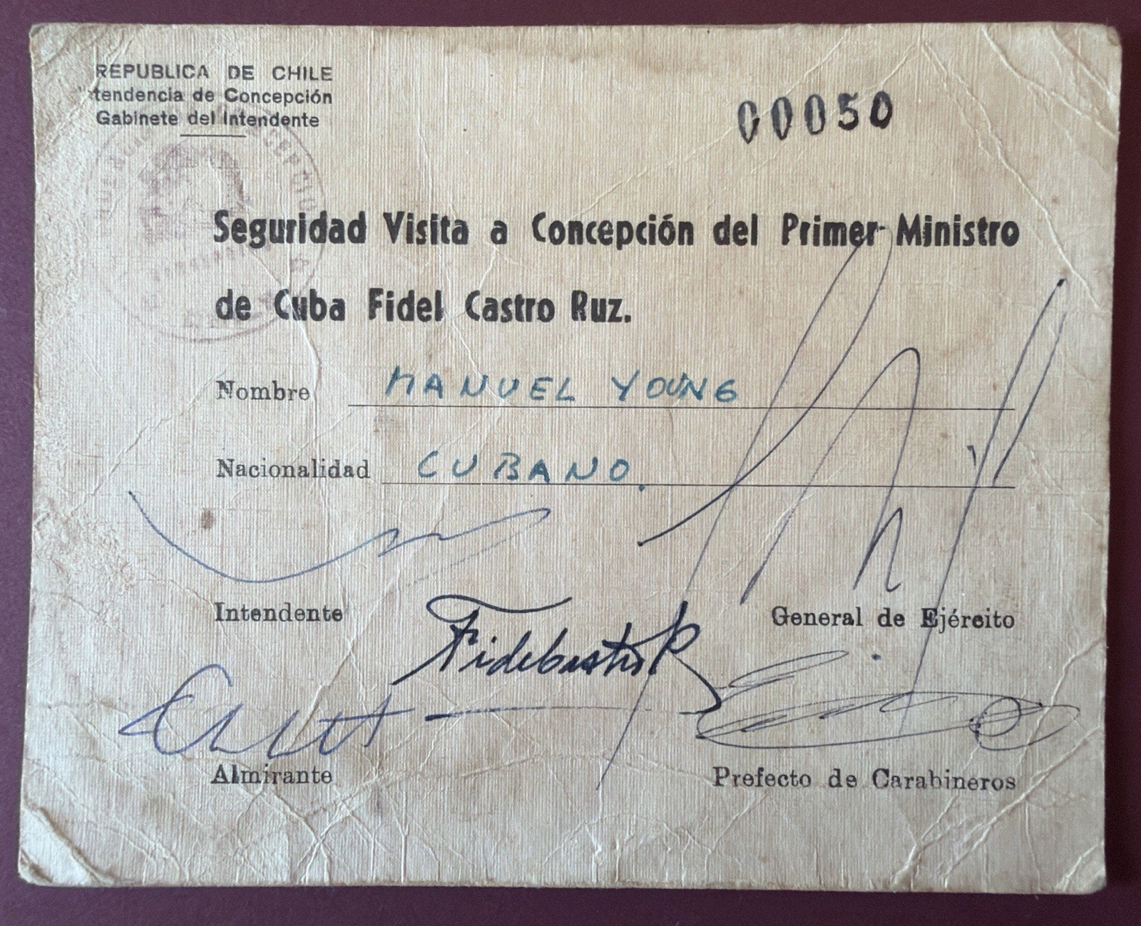 Fidel Castro Autograph Signed Document — Chile Visit of Cuban Prime Minister.