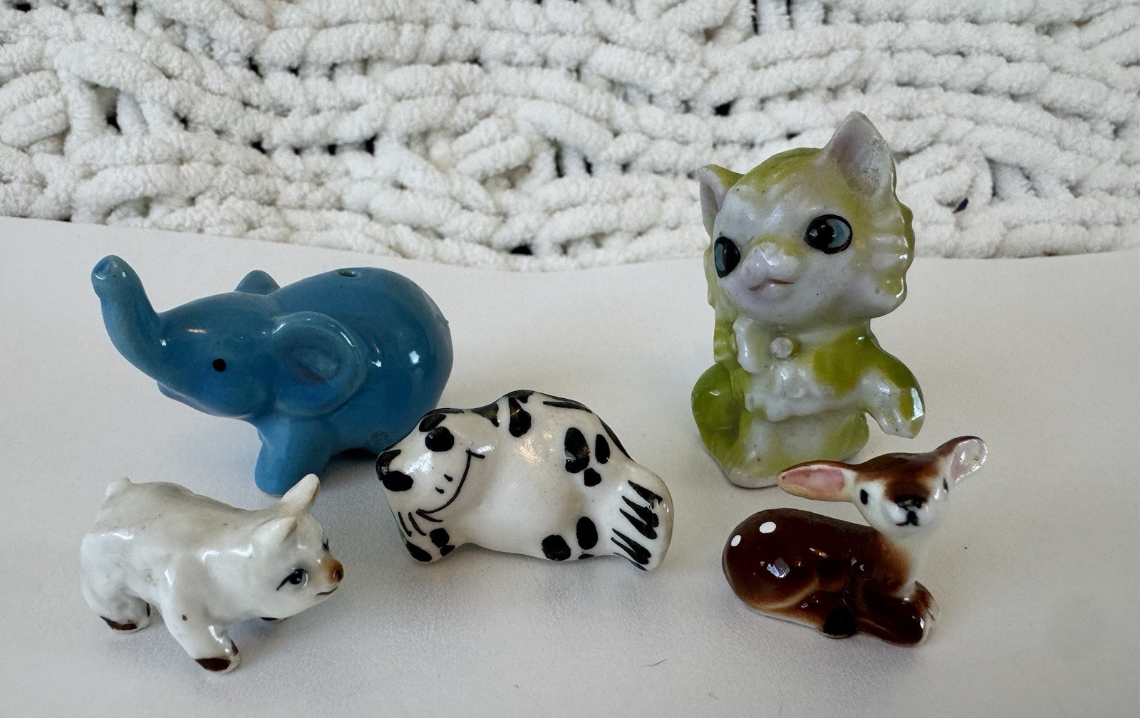 Vtg. Lot Of 5 Ceramic Mini Figurines- Deer, Pig, Frog, Elephant, Green Kitty