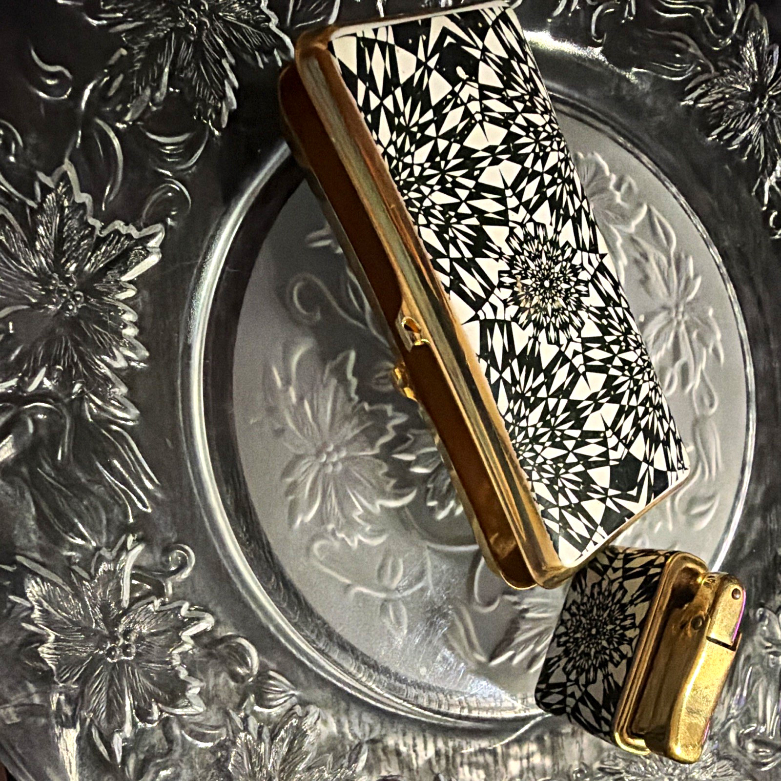 VTG 1950s Stratton England Case Colibri W Germany Lighter SET Geometric B/W
