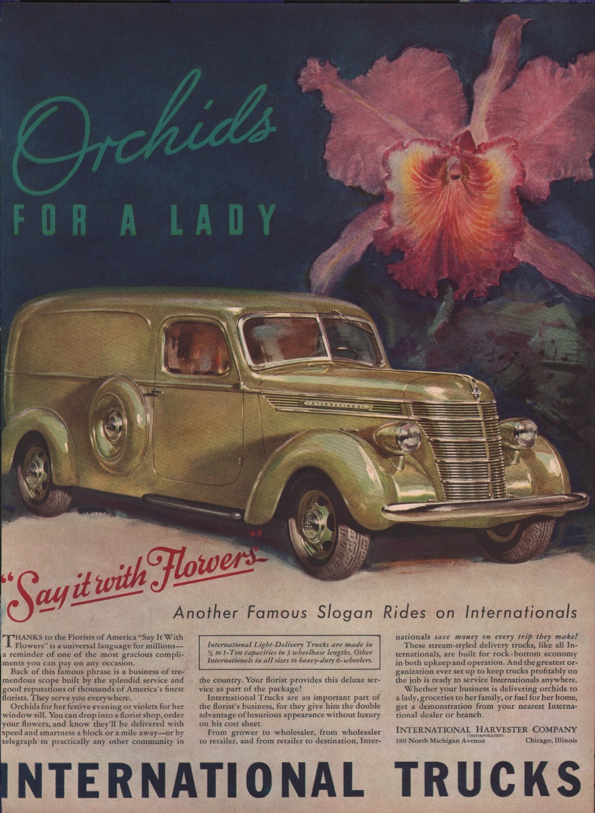 1939 Vintage International Trucks Say It With Flowers Truck Print Ad