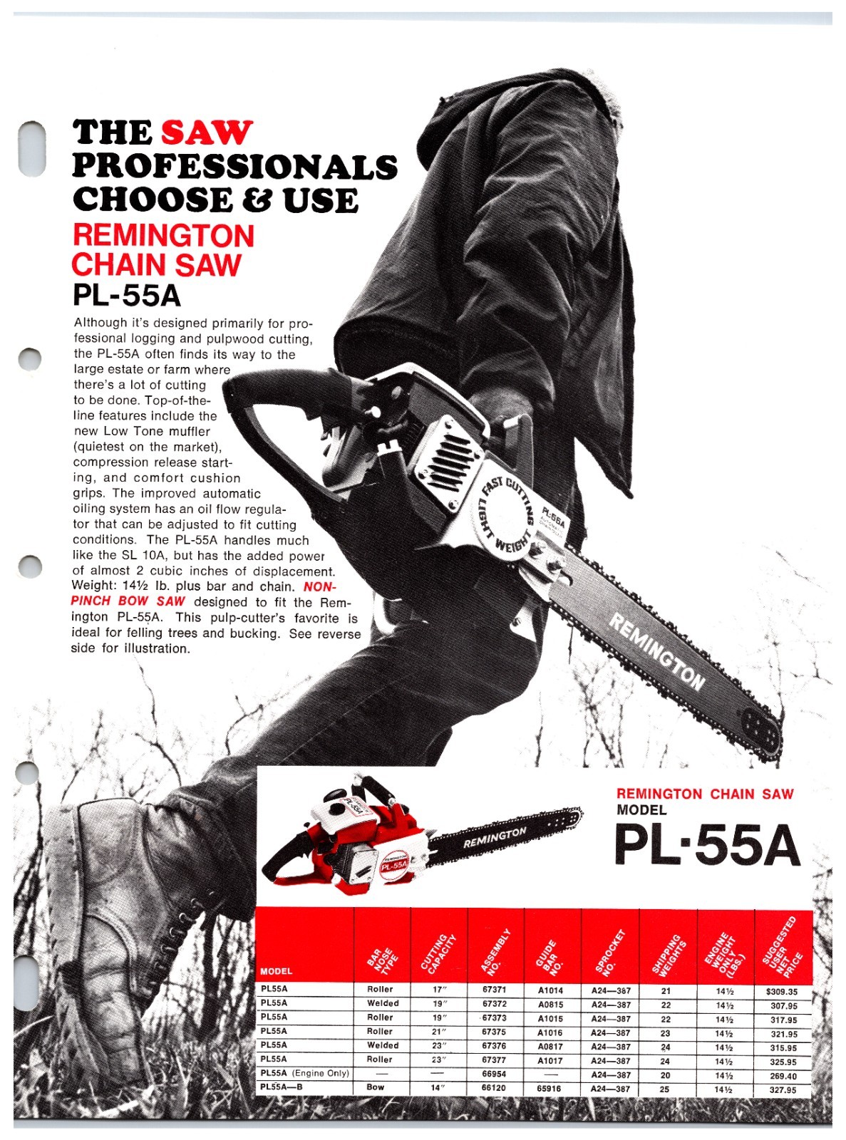 Original 1970s Remington Chainsaws Sales Info Sheet  (PL-55A / PL-7A Models)