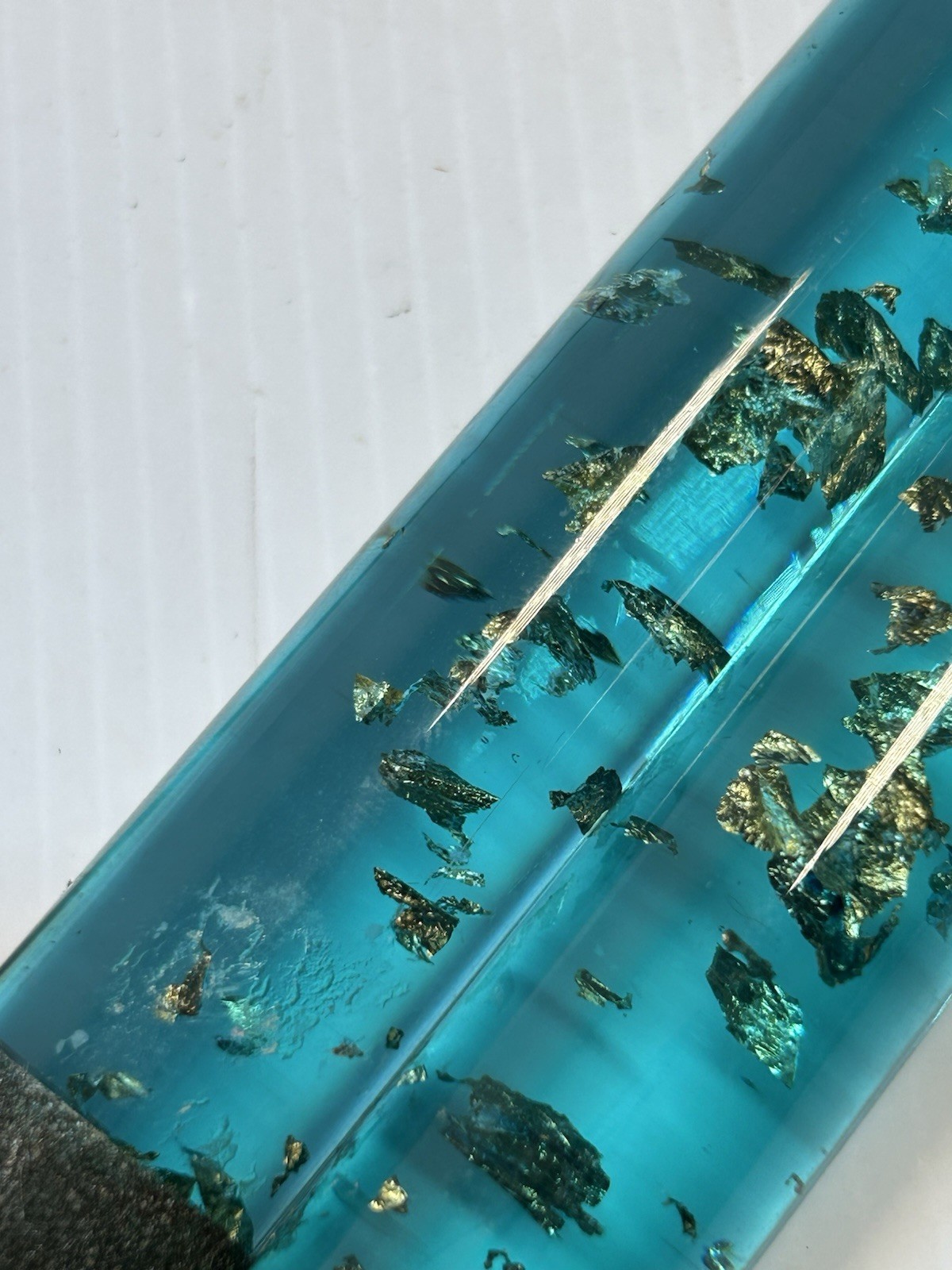 Vintage MCM Lucite Acrylic Taper Candles Teal Blue Gold Foil Flecks Pair