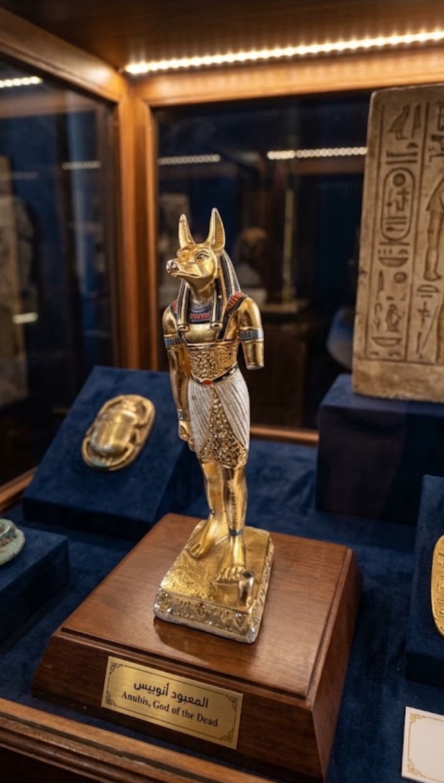 A golden Egyptian Anubis god statue with intricate details on a white