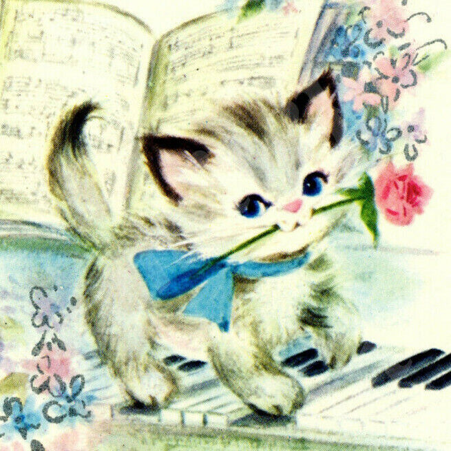 wd3  Vintage Card Note of Thanks Cute Kitten w/ Rose Piano 083a