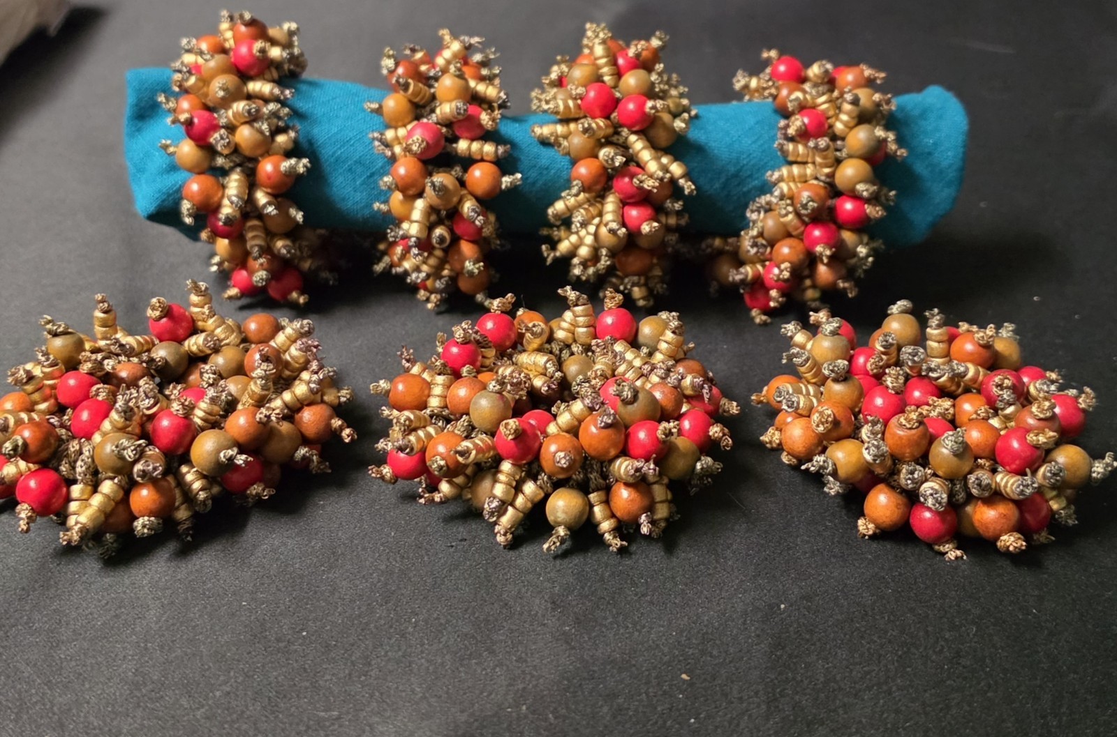 Vtg 70's Wood Bead Cluster Napkin Rings - Set of 7 (Set of 6 w/ 1 Bonus Spare)