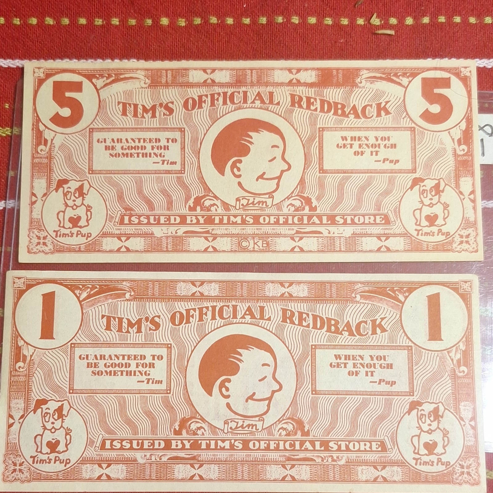 Tim\'s Official Store Red & White Advertising Scrip Notes 1 One & 5 Five