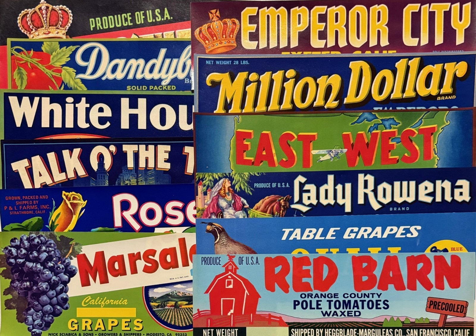 Lot of 12 1950 - 1963 Vintage Unused Crate Labels from various companies.  (L-C)
