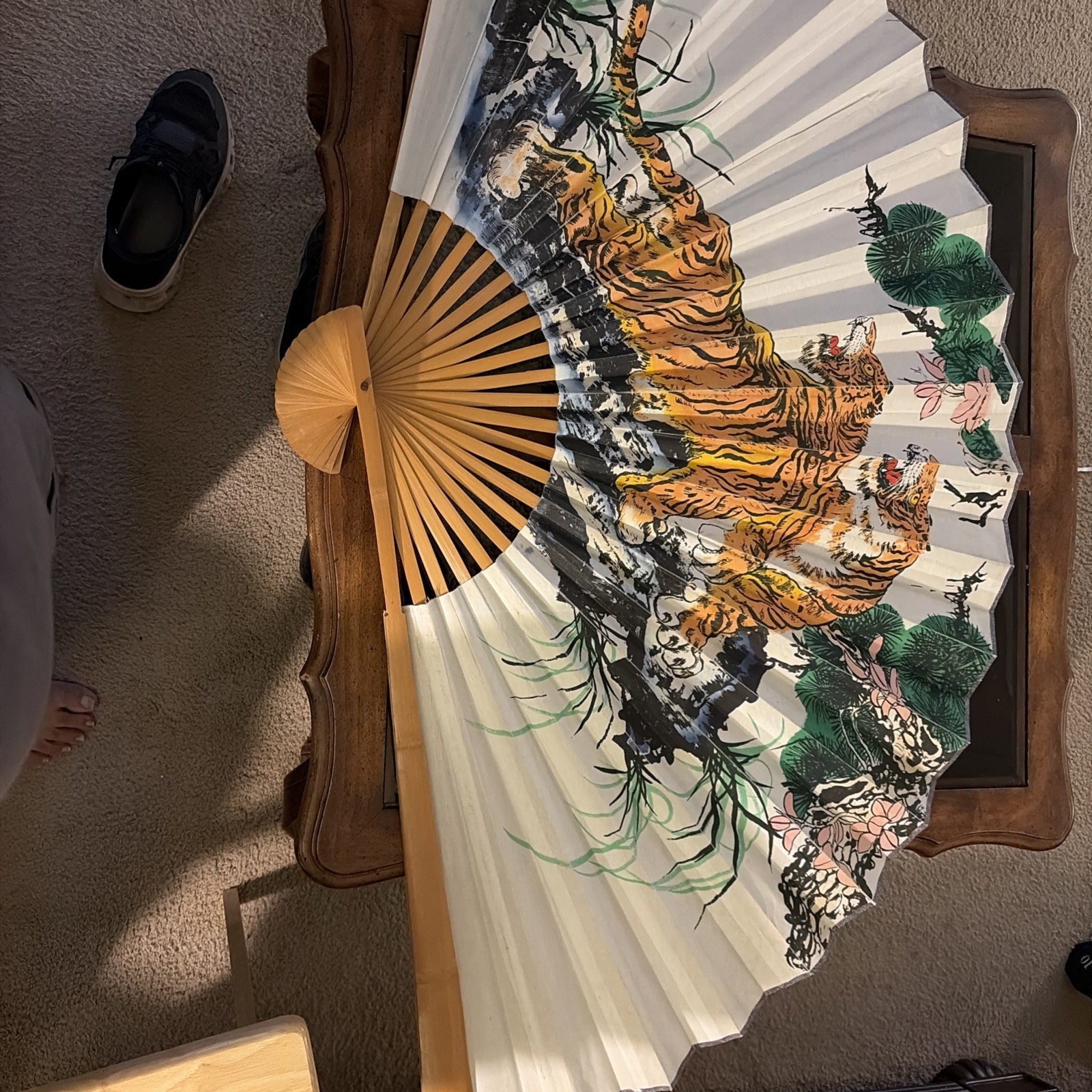 Vintage 35”x 64”Asian double Tiger Folding Wall Fan. Very Nice