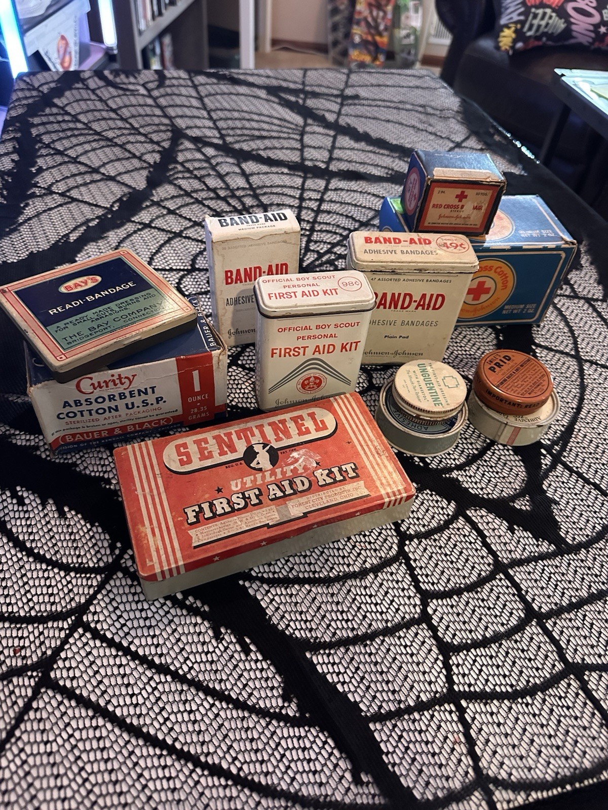 Vintage First Aid Kit Lot - J&J Boy Scout Tin, Sentinel, Red Cross Cotton, Tins