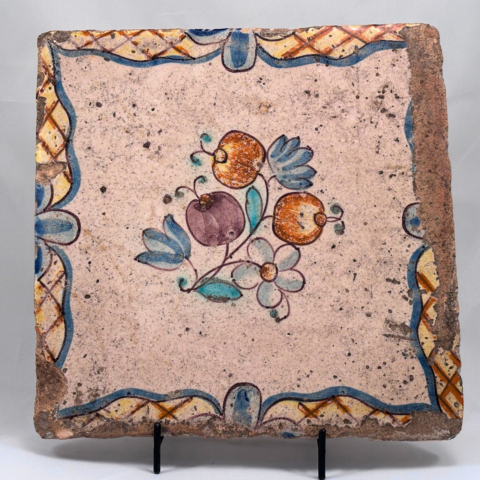 Vintage Hand Painted Faience Ceramic Tile Fruits Floral Folk Art 8.5 Inch Square