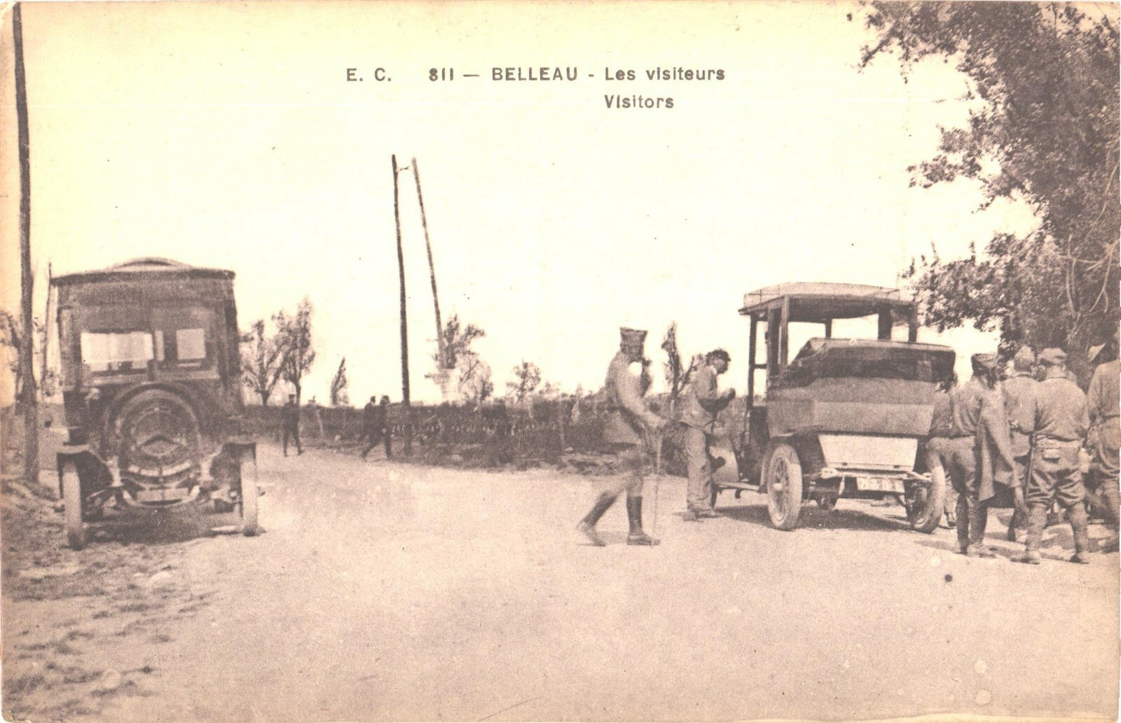 Belleau France WWI Soldiers & Early Cars Military Divided Back Postcard c. 1918