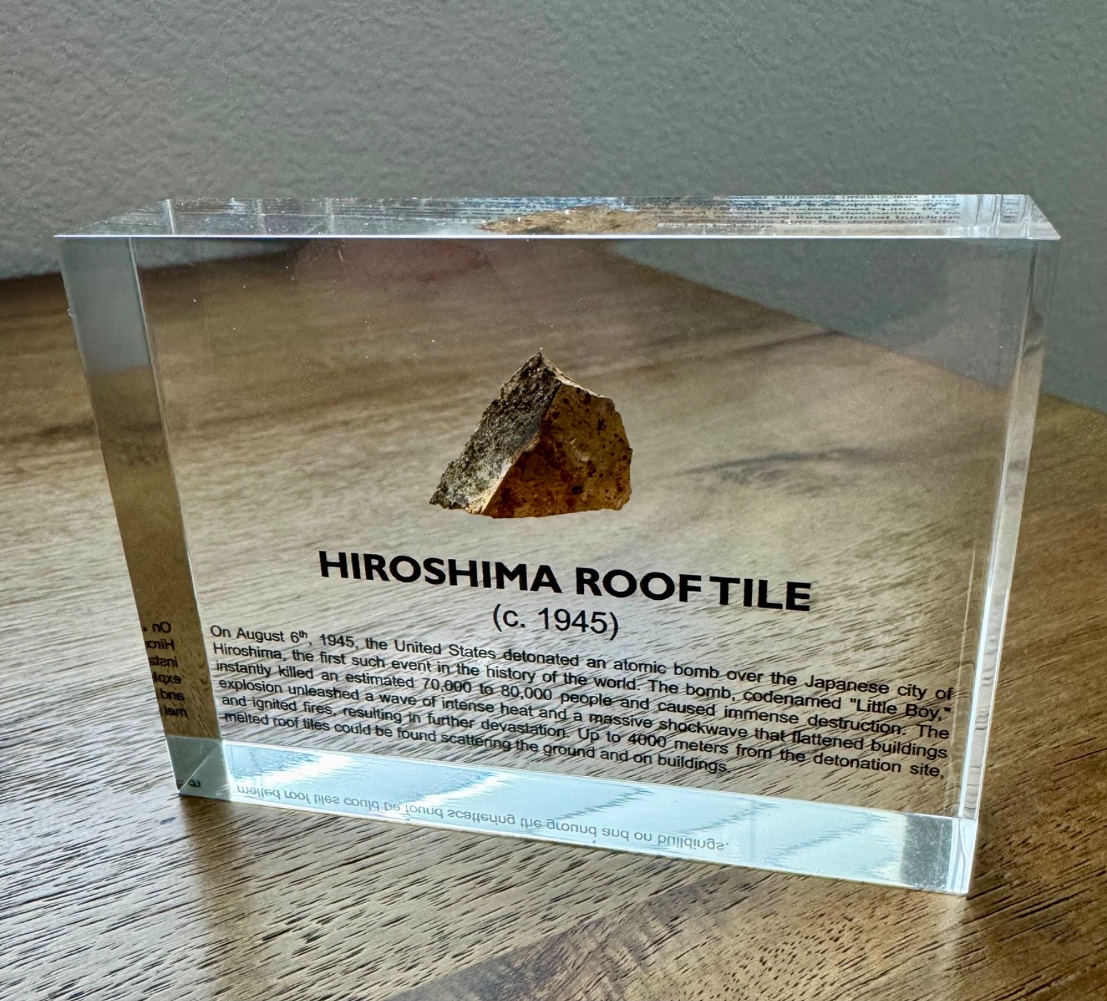 WW2 Hiroshima Roof Tile Atomic Bomb Little Boy Relic Acrylic Lucite WW2 Hiroshima Roof Tile Atomic Bomb Little Boy Relic Acrylic Lucite