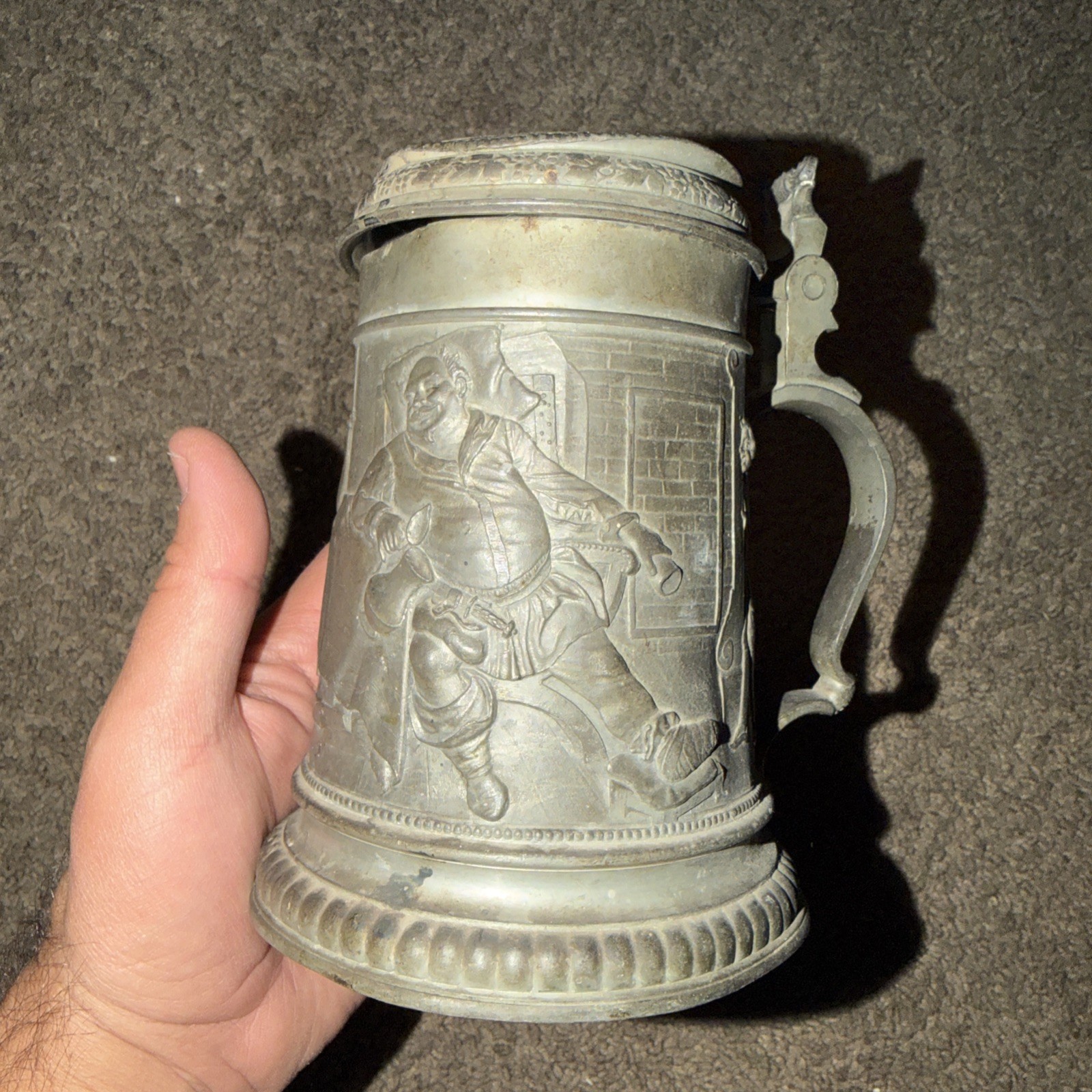 1897 German Tavern Scene Lidded Pewter Stein Rich Fat Man Scene As Shown 1897 German Tavern Scene Lidded Pewter Stein Rich Fat Man Scene As Shown