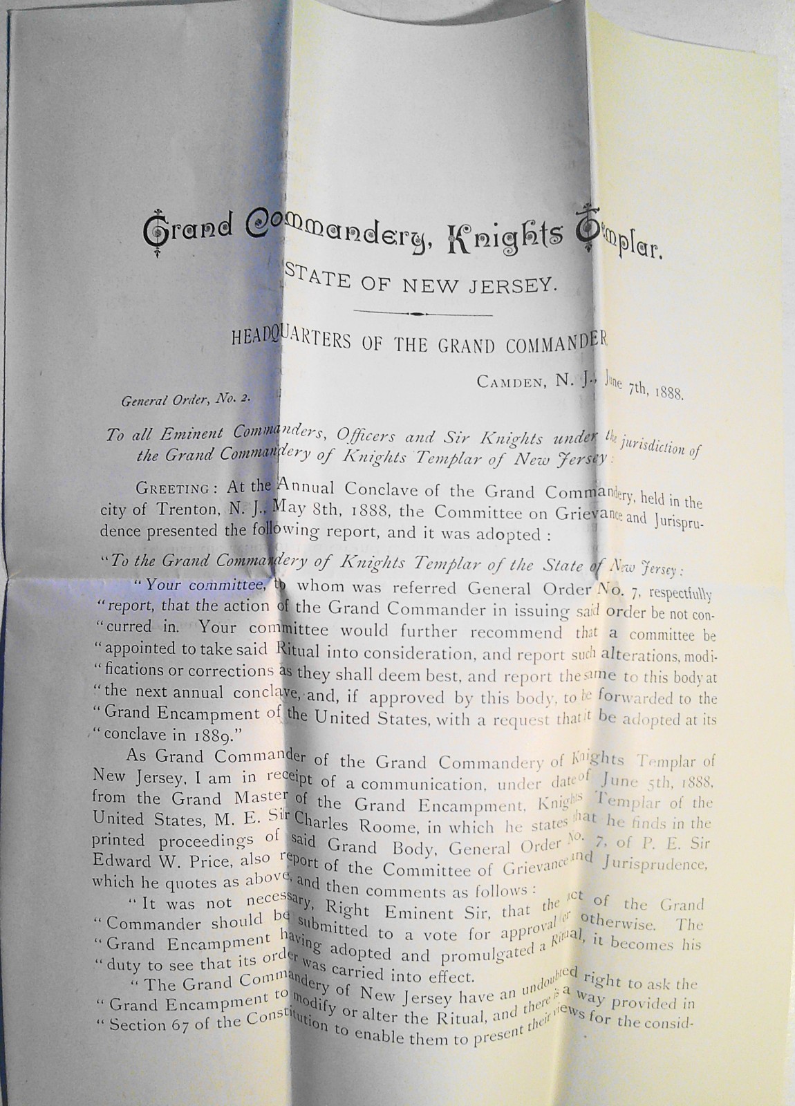 1888 NJ Knights Templar Grand Commandery 2-Page Letter St Louis Ritual Rebellion